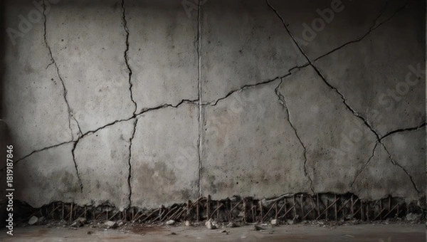 Obraz A weathered, cracked concrete wall with exposed rebar, creating a sense of decay and age