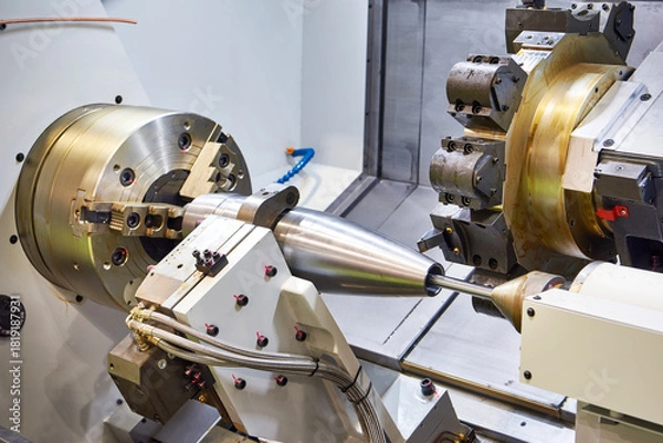 Fototapeta Metal projectile shell on a lathe machine
