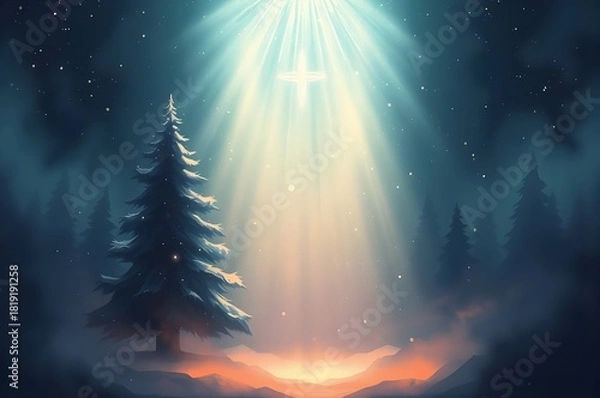 Fototapeta Heavenly beam of light shining onto snowy forest clearing with subtle cross shape, spiritual Christmas scene symbolizing hope and wonder.