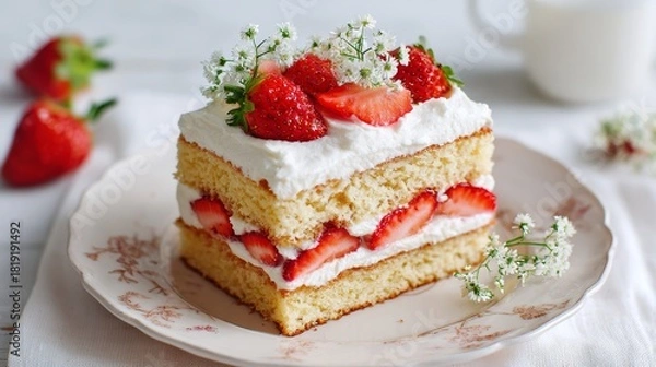 Obraz layered strawberry shortcake with whipped cream  and sponge