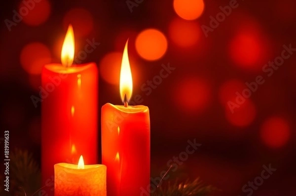 Fototapeta Trio of red candles burning with soft golden flames on deep red bokeh background, romantic and festive mood for Christmas or Valentine designs.