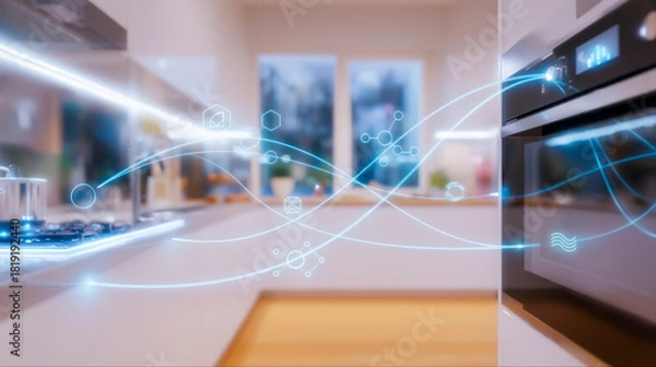 Obraz ネットワーク接続されたスマート家電とモダンなキッチンのスマートホームテクノロジー