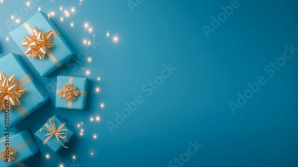 Obraz 金色のリボンが付いた青いギフトボックスと輝く光のある青い背景のコピースペース