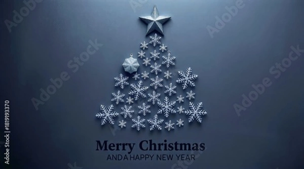 Fototapeta Minimalist Black Christmas Tree made of Snowflakes and Star on Dark Background Holiday Design_10