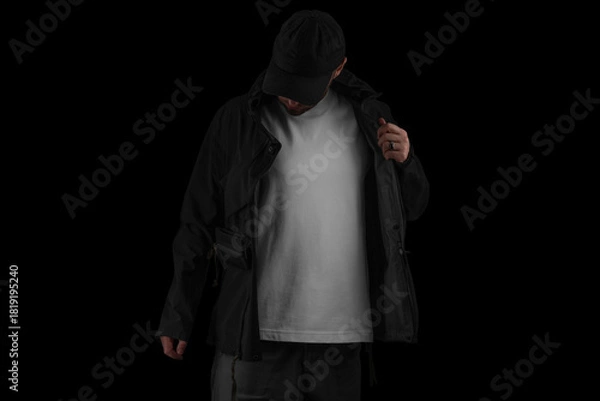 Obraz Realistic apparel mockup featuring a person wearing a blank white t-shirt under a dark jacket, shown in dramatic low-key lighting. Ideal for clothing branding, print-on-demand designs, streetwear