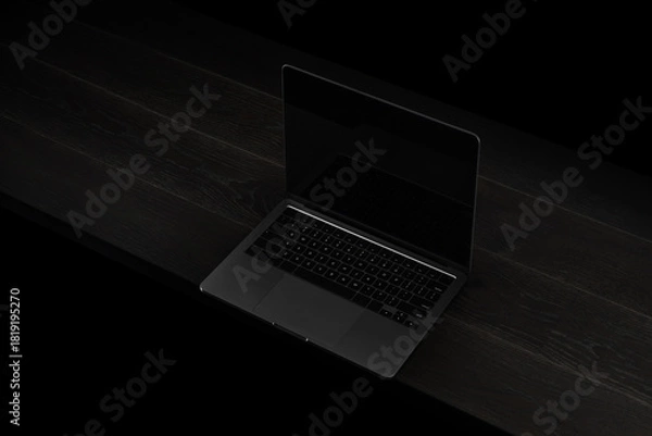 Fototapeta Photorealistic laptop mockup placed on a dark wooden surface in low-key lighting. Features a blank black screen, minimalist composition, and premium blackout aesthetic. Perfect for UI/UX showcases