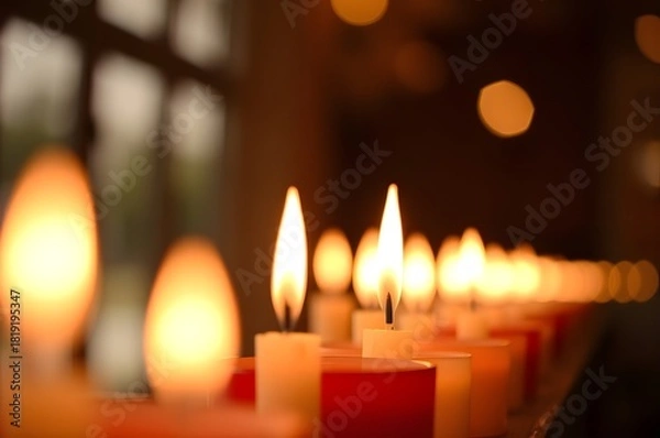 Fototapeta Warm row of burning candles with soft golden bokeh lights in the background, creating a peaceful, spiritual, and memorial atmosphere.