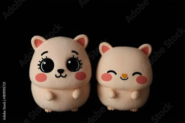 Fototapeta Two adorable chubby kawaii hamsters with rosy cheeks and big eyes on a black background, perfect for kids, stickers, toys, and playful social posts.