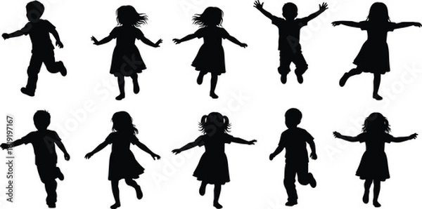 Obraz Children silhouette illustration, playful poses, running jumping gestures, black design, childhood activity, dynamic movement, boys girls, energetic, fun, art