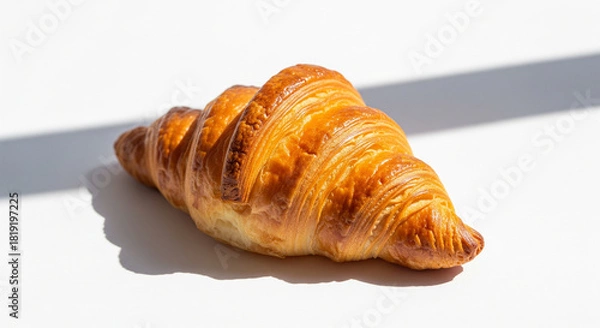 Fototapeta A single, golden-brown, freshly baked croissant placed centrally on a pure, seamless white background. Its flaky layers and delicate crust are perfectly highlighted by soft, natural light, creating su