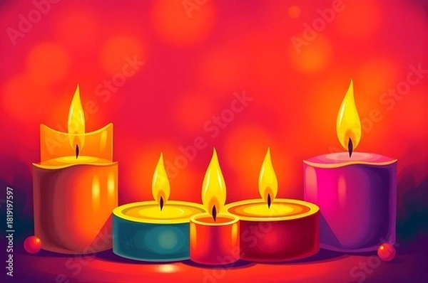 Fototapeta Five colorful candles with bright flames on warm bokeh background, cozy festive illustration for Christmas, advent, or celebration themes.