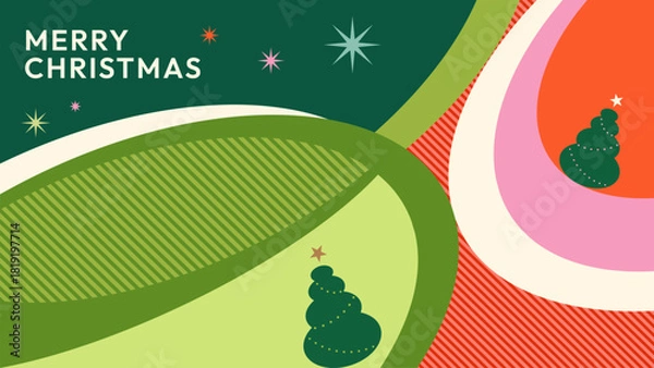 Obraz Modern Christmas greeting illustration featuring bold geometric shapes, vibrant retro colors, and stylized Christmas tree icons. Festive abstract design with stars, curved and patterns.