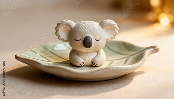 Fototapeta Adorable koala statuette peacefully resting on ceramic leaf