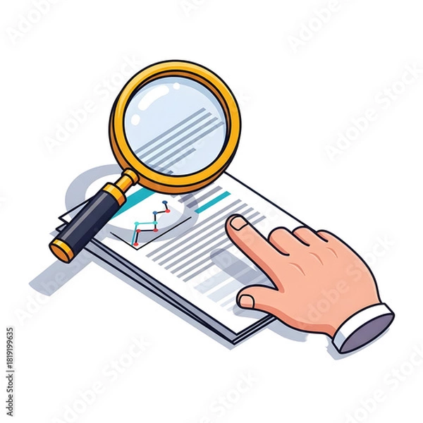 Obraz Hand with Magnifying Glass Over Document Analyzing Data.