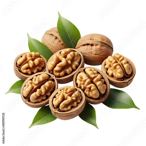 Obraz Freshly Cracked Walnuts with Green Leaves on White Background.