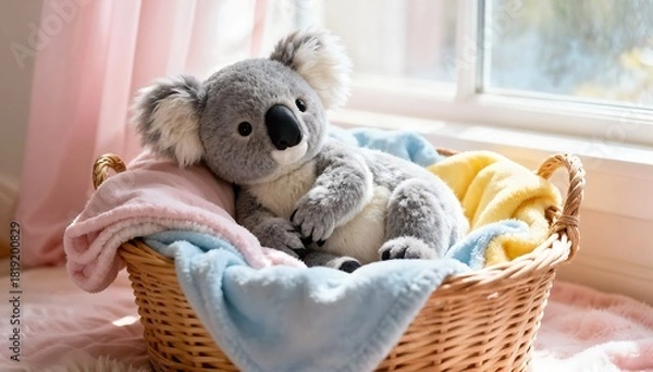 Fototapeta Cute Koala Plush Toy Nestled in Soft Basket