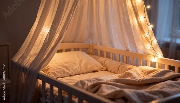 Fototapeta Dreamy Baby Crib Adorned with Soft Canopy Lights