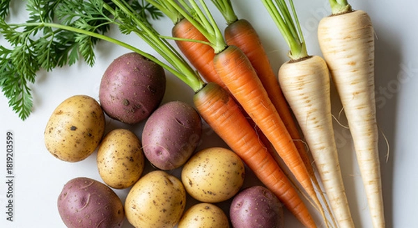 Fototapeta Close-up of a selection of root vegetables (e.g., small potatoes, carrots, parsnips) with their natural dirt still subtly visible, arranged on a white background. Emphasizes their rustic, natural stat