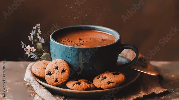 Fototapeta Cozy still life, delicious hot chocolate drink with cookies on a plate, perfect for a relaxing moment. A warm mug of autumnal beverage sits beside a plate of chocolate chip cookies, comforting scene.