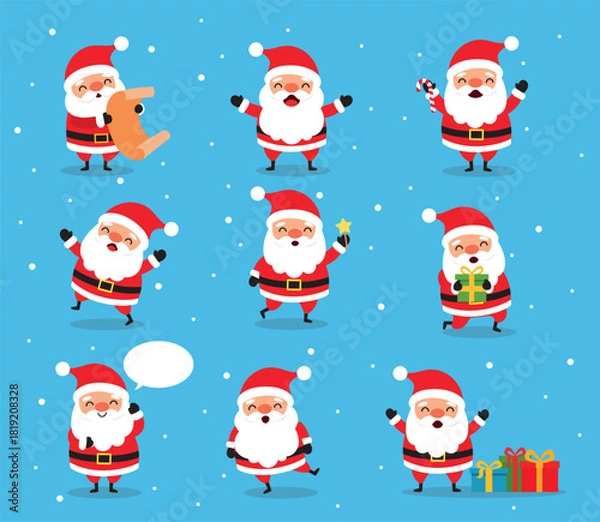Fototapeta Set of cute smiling Santa Claus characters, cartoon flat vector illustration