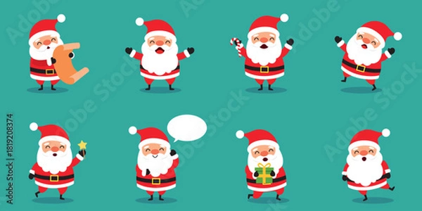 Fototapeta Set of cute smiling Santa Claus characters, cartoon flat vector illustration
