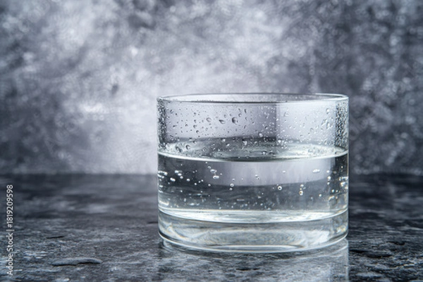Fototapeta Glass of sparkling water on wet stone surface with water droplets and soft bokeh background, refreshing beverage mood