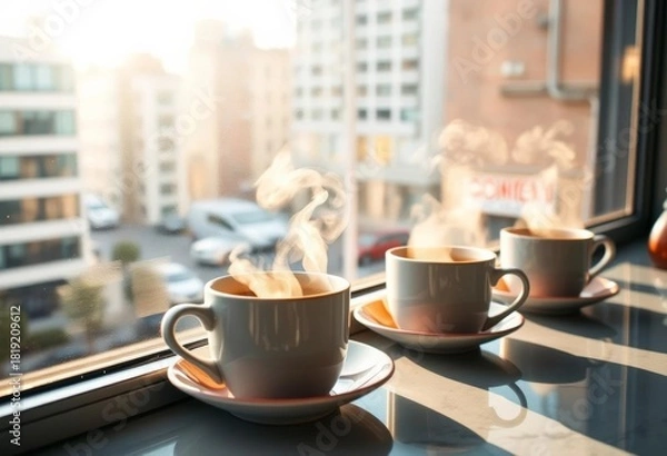 Obraz Steaming coffee cups on cafe windowsill, city view, morning sunlight,  rays,  breakfast