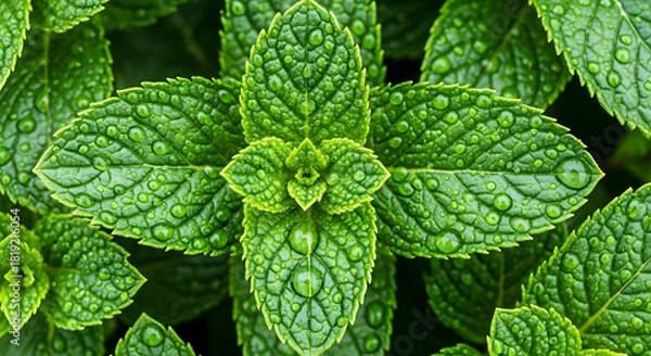 Fototapeta Close up of fresh green mint leaves with water droplets image