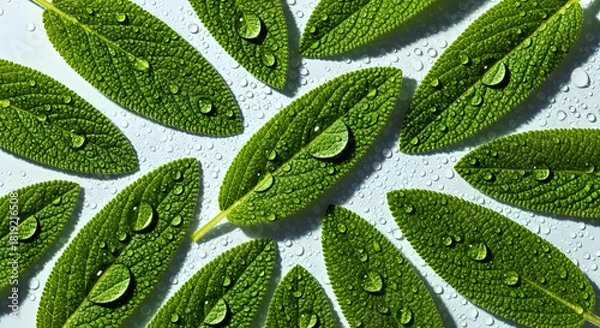Fototapeta Green Sage Leaves with Water Droplets Close Up image