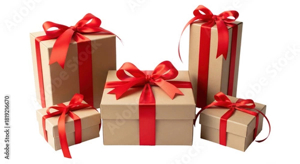 Obraz Six wrapped gift boxes with red ribbons on a white background.
