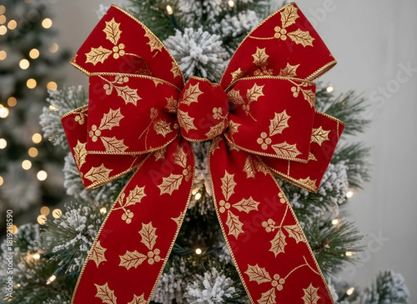 Fototapeta A bold red bow with glittering gold holly motifs is placed neatly on frosted greenery, creating a warm and festive display.