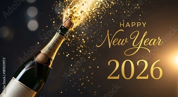 Fototapeta Happy New Year 2026 celebration with champagne bottle and confetti