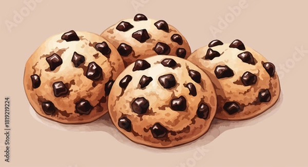 Fototapeta Delicious chocolate chip cookies arranged in a tempting and appetizing display.