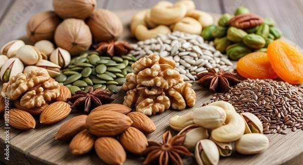Obraz Assortment of healthy nuts and seeds arranged on a wooden surface