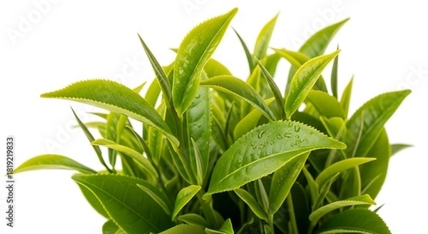 Obraz Fresh green tea leaves isolated on white background, close-up view