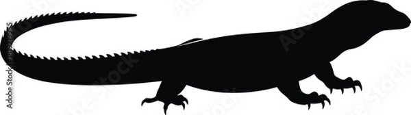 Fototapeta Komodo dragon silhouette, monitor lizard vector, large reptile illustration, black animal shape, isolated side view, predator.