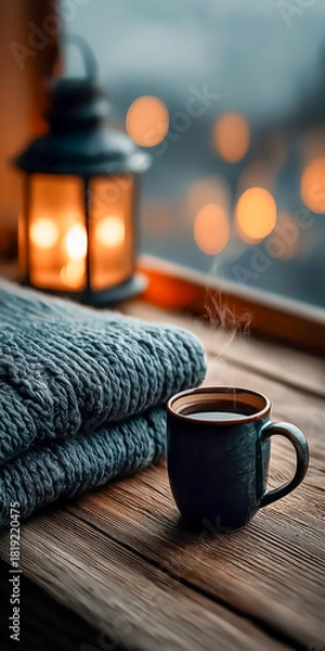 Obraz 湯気が立ち上るマグカップと暖かな照明の冬の居心地の良い風景