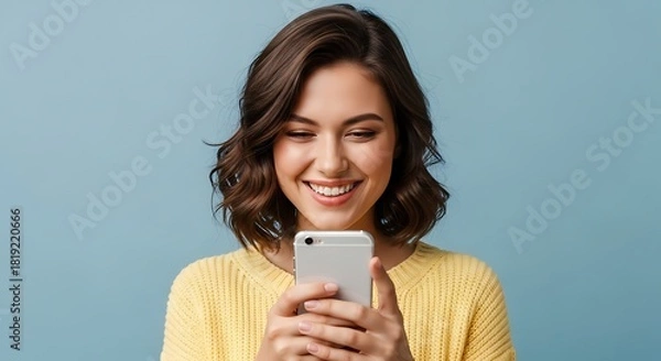 Obraz Smiling woman using smartphone, looking at phone screen with happy expression