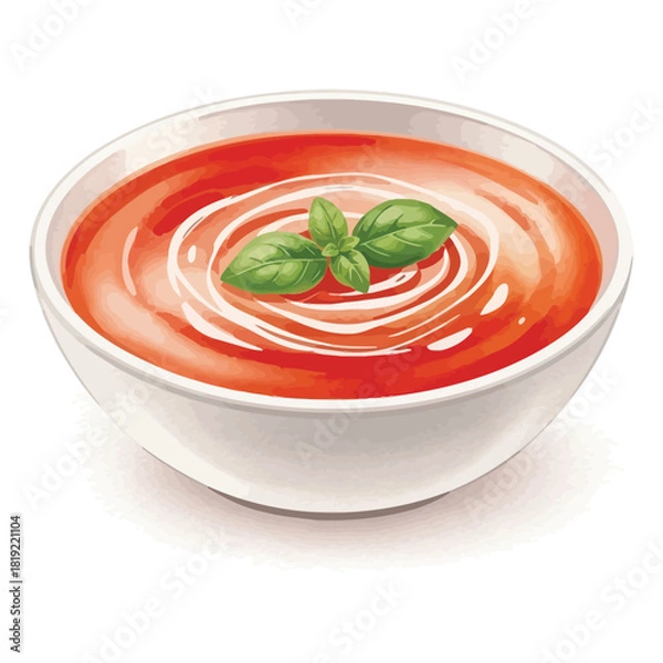 Obraz Delicious Tomato Soup with Cream Swirl and Basil Garnish.