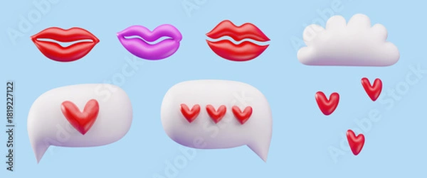 Fototapeta 3D Vector Collection of Playful Love Icons: Lips, Clouds, and Heart Bubbles