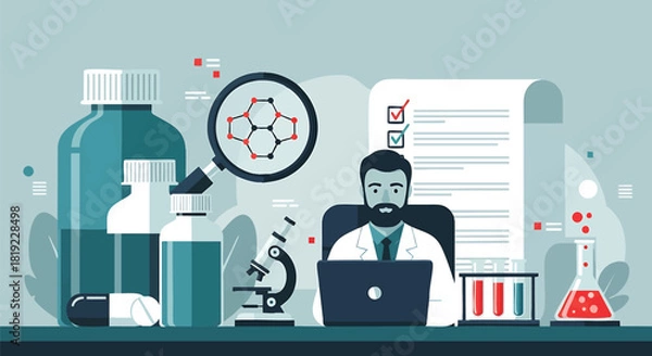 Fototapeta Scientist conducting medical research with laboratory equipment and analysis document showing a modern illustration of healthcare and medicine for scientific discovery advancements and solutions