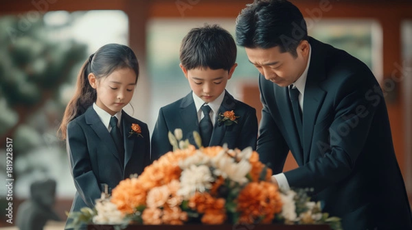 Fototapeta Respectful family gathering to honor loved ones with flowers at a somber memorial service, sharing grief and remembering together in unity and remembrance