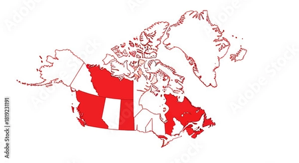 Fototapeta Outline map of Canada with several provinces highlighted in red, depicting a geographic representation.