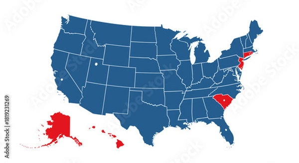 Fototapeta USA map showing some states in red and the rest in blue.