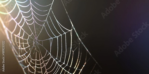 Obraz Delicate spider web covered in tiny dewdrops, shining with iridescent colors against a dark background. Close-up macro shot with soft natural light.