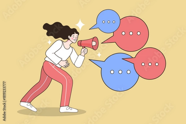 Fototapeta Young woman shouting in megaphone with blank speech bubbles. Concept of public announcement and marketing promotion. Vector illustration of female character speaking loud news or feedback.