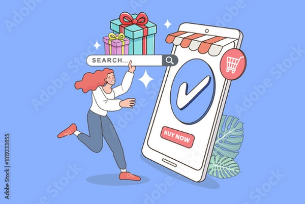 Fototapeta Happy woman using smartphone for online shopping with search bar and gift boxes. Mobile e-commerce application concept with buy now button. Vector illustration of digital store and consumer behavior.