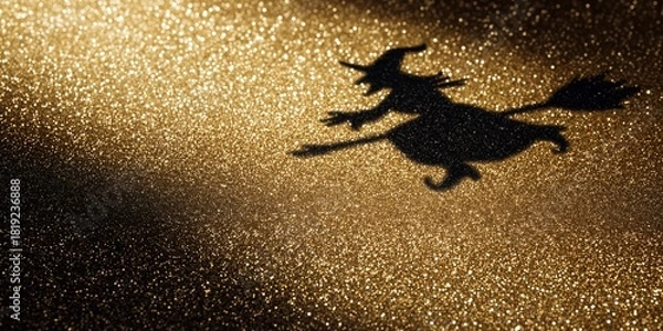 Fototapeta Shadow of a witch flying on a broomstick over a sparkling golden glitter surface. The combination of gold light and dark silhouette creates a magical and luxurious Halloween mood.