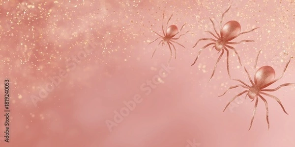 Fototapeta Three rose gold spiders on a soft blush background with shimmering glitter particles. The elegant metallic texture and warm tones create a stylish and glamorous Halloween composition.