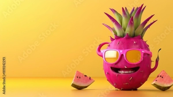 Fototapeta A Cheerful Dragon Fruit Character Sporting Sunglasses and Yellow Background with Watermelon Slices for a Fun and Playful Summer Vibe